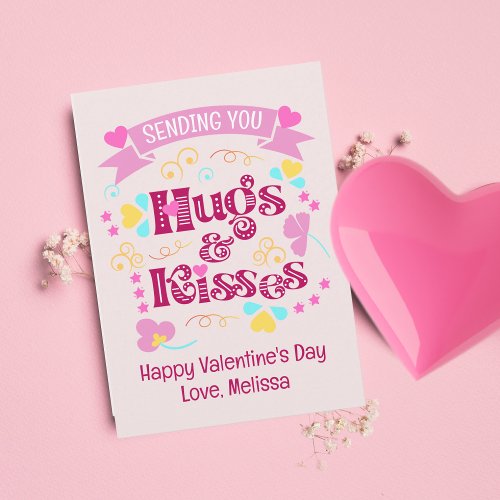 Modern Pink Sending You Hugs and Kisses Holiday Card
