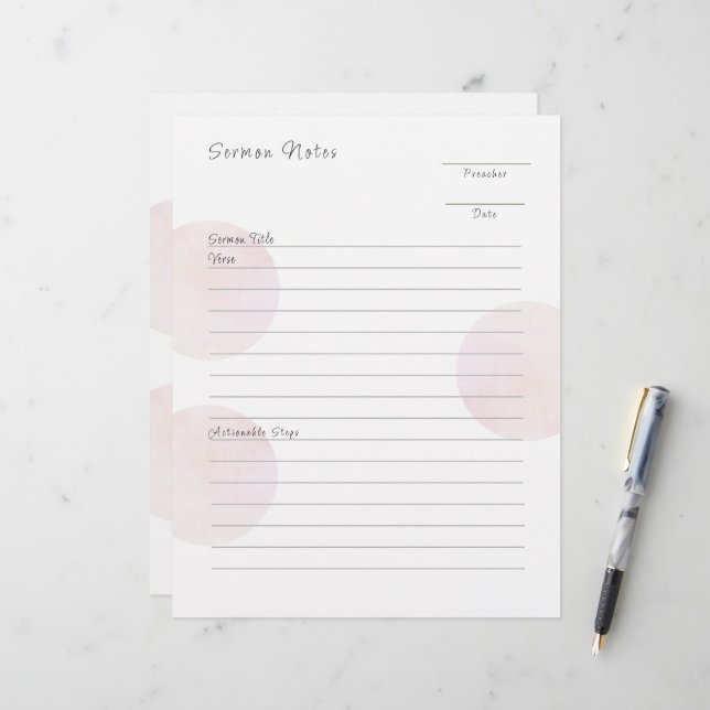 Modern Pink Sermon Notes  Letterhead (Front/Back In Situ)