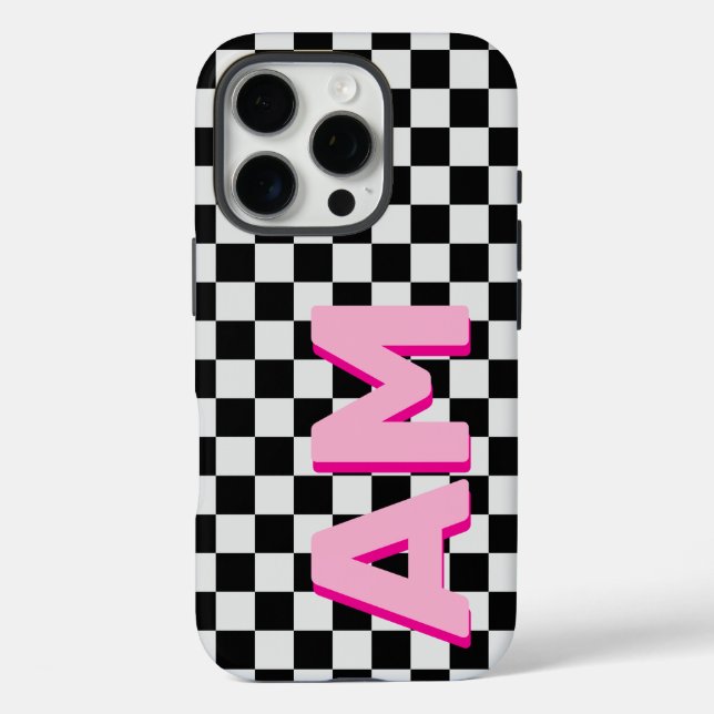 Modern Pink Shadow Monogram Checkerboard Initial  Case-Mate iPhone Case (Back)
