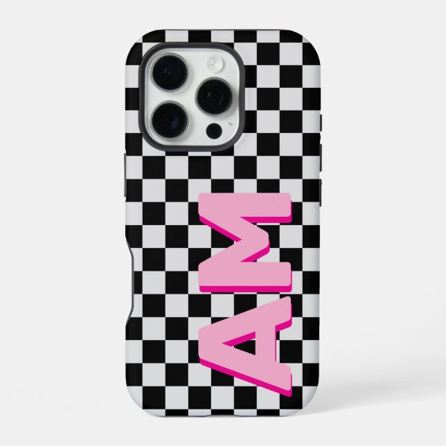 Modern Pink Shadow Monogram Checkerboard Initial  Iphone Case (Back)