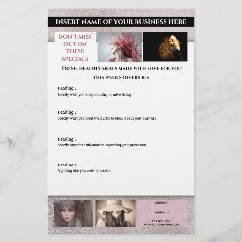 Modern pink shimmer designer 6 photo hair stylist flyer
