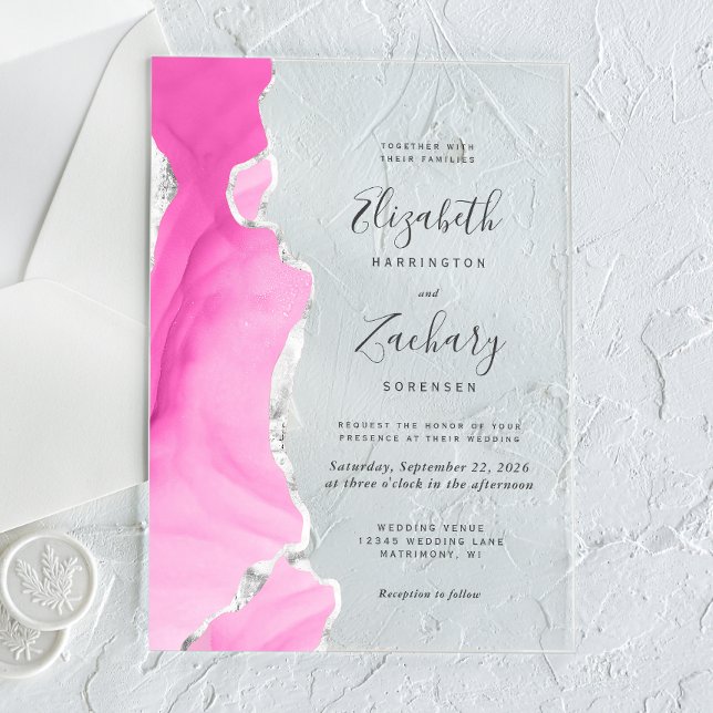 Modern Pink Silver Agate Wedding Acrylic Invitations (Creator Uploaded)