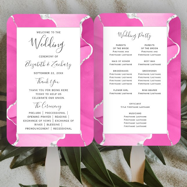 Modern Pink Silver Agate Wedding Program Hand Fan (Creator Uploaded)