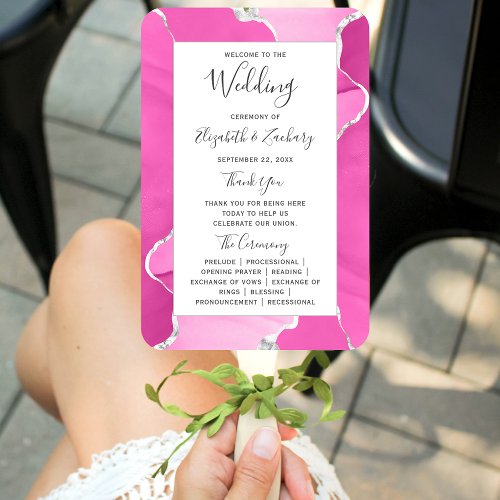 Modern Pink Silver Agate Wedding Program Hand Fan