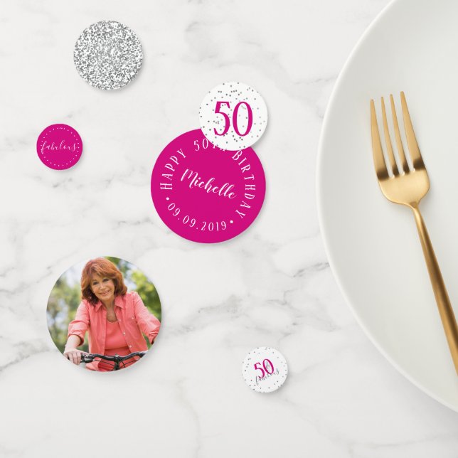 Modern Pink Silver and White 50 and Fabulous Confetti (Group)