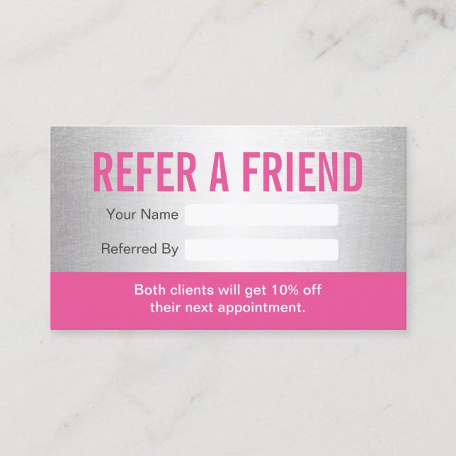 Modern Pink & Silver Beauty Salon & Spa Referral Card (Front)