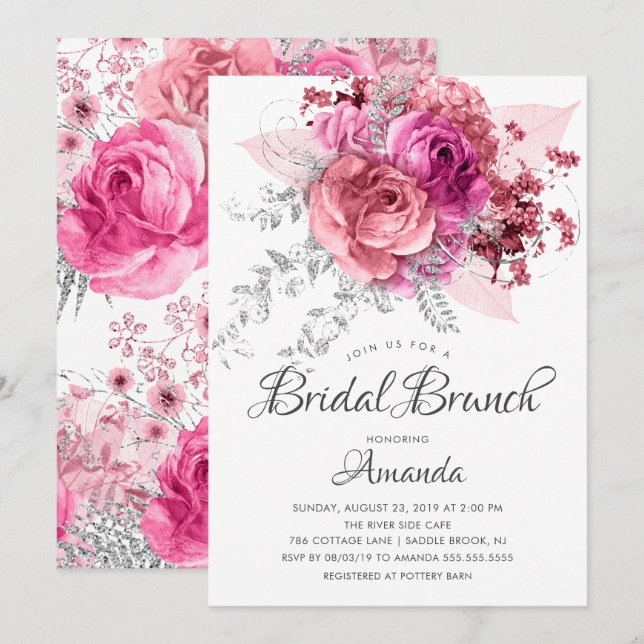 Modern Pink & Silver Floral Bridal Brunch Invitation (Front/Back)