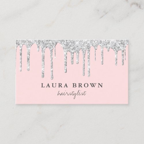 Modern pink  silver glitter drips hairstylist business card