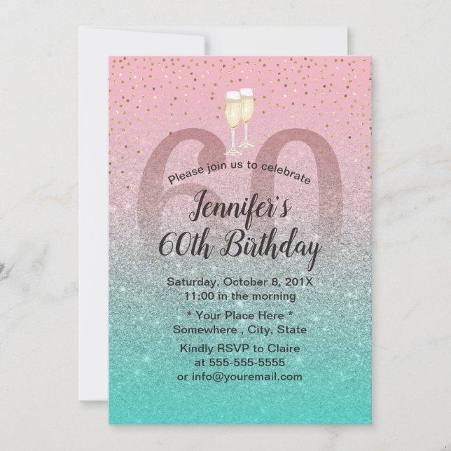 Modern Pink Silver Teal Glitter 60 Birthday Party Invitation (Front)