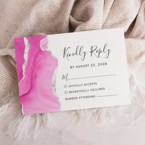 Modern Pink Silver Watercolor Agate Wedding RSVP Card