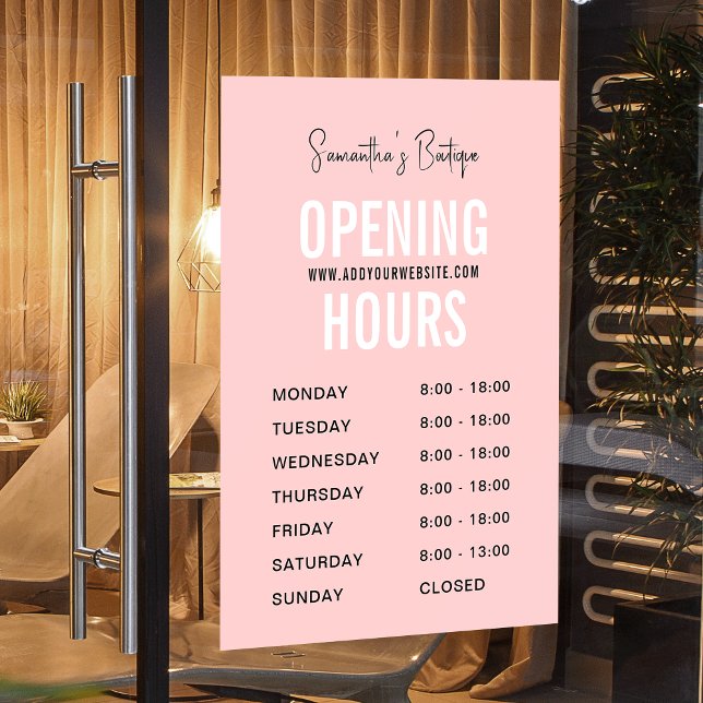 Modern Pink Simple Boutique Opening Hours Window Cling (Modern blush pink opening hours window cling sign with fully editable text and colors)