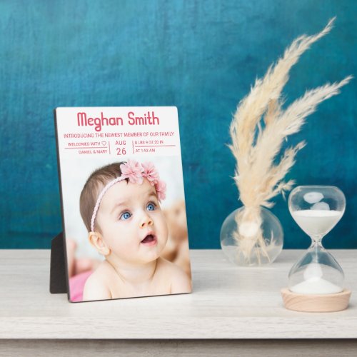 Modern Pink Simple Photo Birth Announcement Plaque