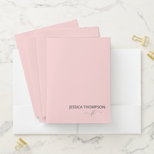 Modern Pink Simple Script Business Monogram Name Pocket Folder (In Situ)