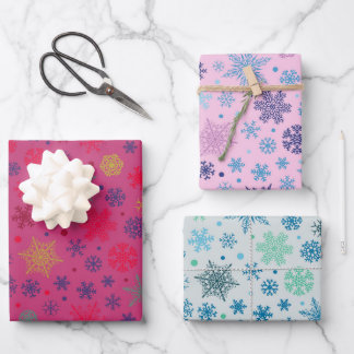 Modern Pink Snowflake Christmas Pattern Set of Wrapping Paper Sheets