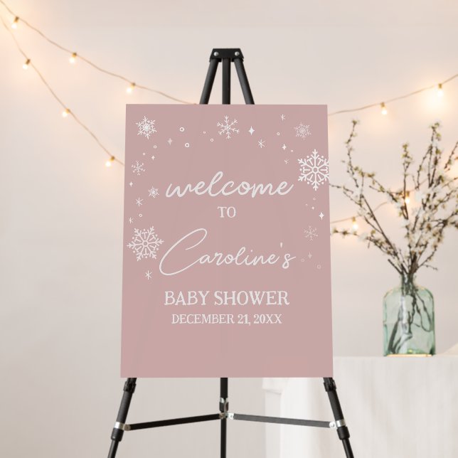 Modern Pink Snowflakes Baby Shower Welcome Sign (In Situ (Stand))
