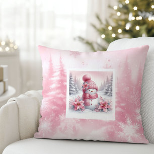 Modern Pink Snowman Christmas Scene Kids Gift Throw Pillow