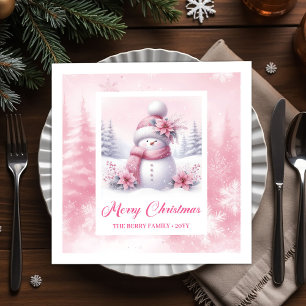 Modern Pink Snowman Kids Winter Forest Pinkmas Napkins