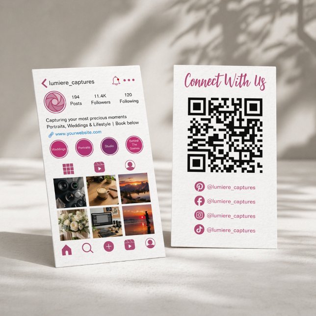 Modern Pink Social Media Profile QR Code Business Card (Modern Pink Social Media Profile Business Card with QR Code)