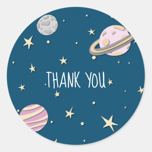 Modern Pink Space Planets Moon Stars Thank You Classic Round Sticker