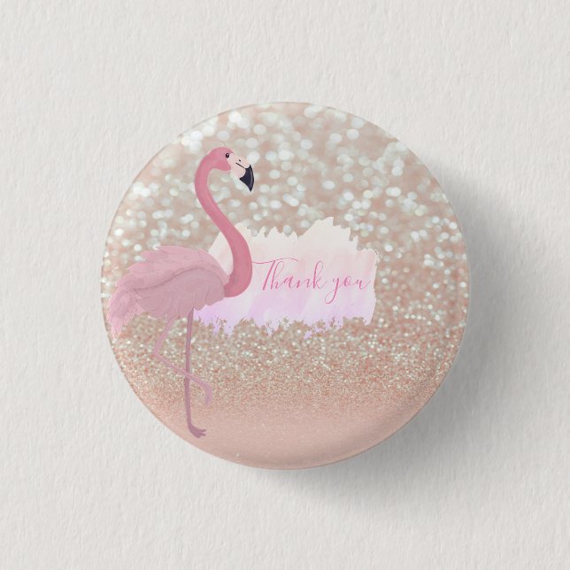 Modern Pink Sparkly Flamingo, Thank You  Button (Front)