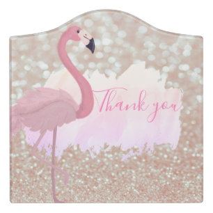 Modern Pink Sparkly Flamingo, Thank You Door Sign