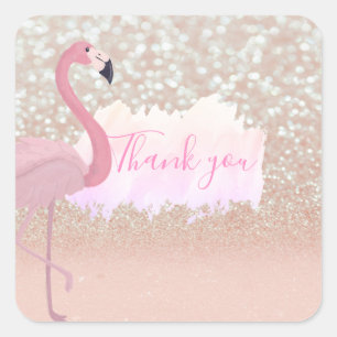 Modern Pink Sparkly Flamingo, Thank You Square Sticker