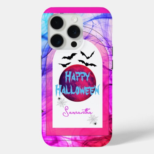 Modern Pink Spider Web Moon Bats Happy Halloween iPhone 15 Pro Case