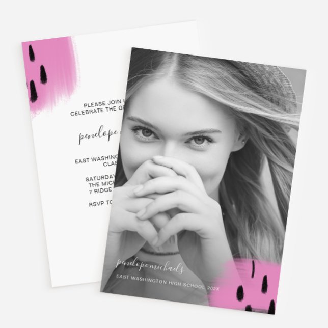 Modern Pink Splashes One Photo Graduation Party In Invitation (Creator Uploaded)