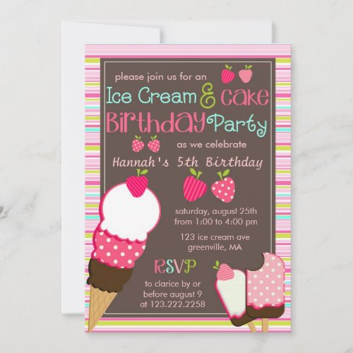 Modern Pink Strawberries &amp; Ice Cream Girls Party Custom Invite