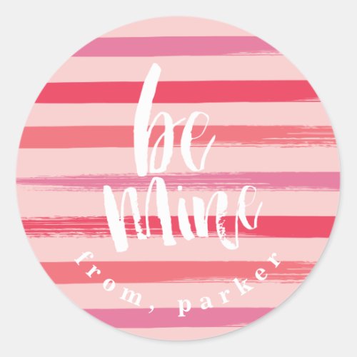 Modern pink stripe classroom valentine day card classic round sticker