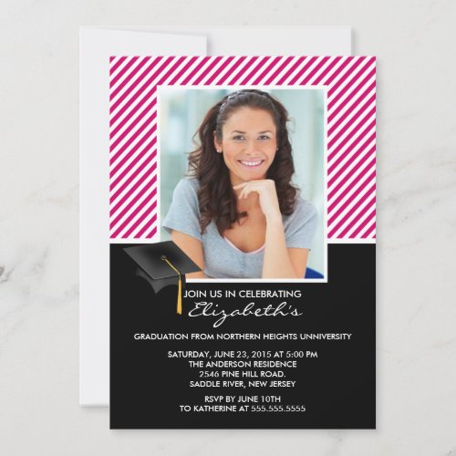 Modern Pink Stripe Graduation Party Announcement 5" X 7" Invitation Card