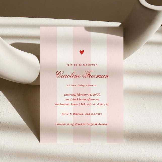 Modern Pink Stripe Heart Valentine Baby Shower Invitation (Creator Uploaded)