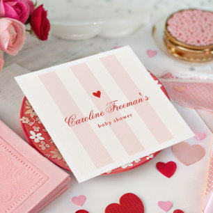 Modern Pink Stripe Heart Valentine Baby Shower Napkins
