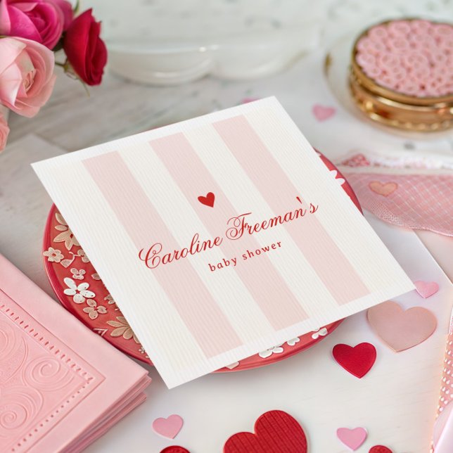 Modern Pink Stripe Heart Valentine Baby Shower Napkins (Creator Uploaded)