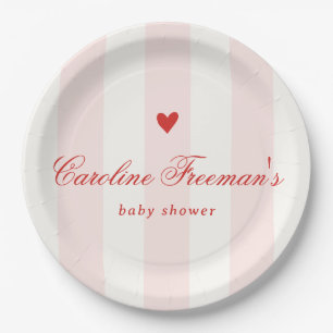 Modern Pink Stripe Heart Valentine Baby Shower Paper Plates