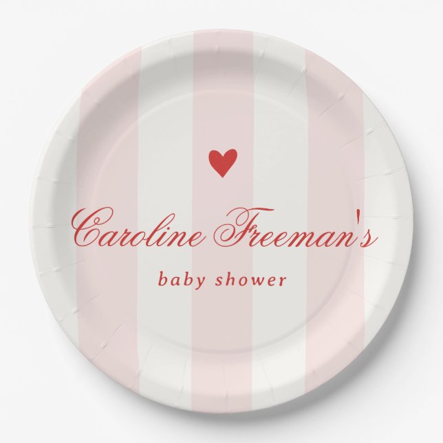 Modern Pink Stripe Heart Valentine Baby Shower Paper Plates (Front)