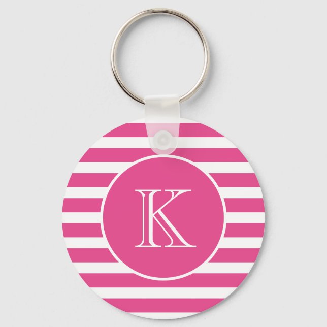 Modern Pink Stripe Monogram Keychain (Front)