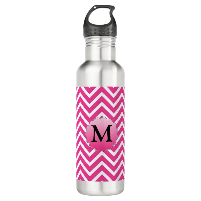 Modern Pink Stripe Monogram Personalized  Stainless Steel Water Bottle (Front)