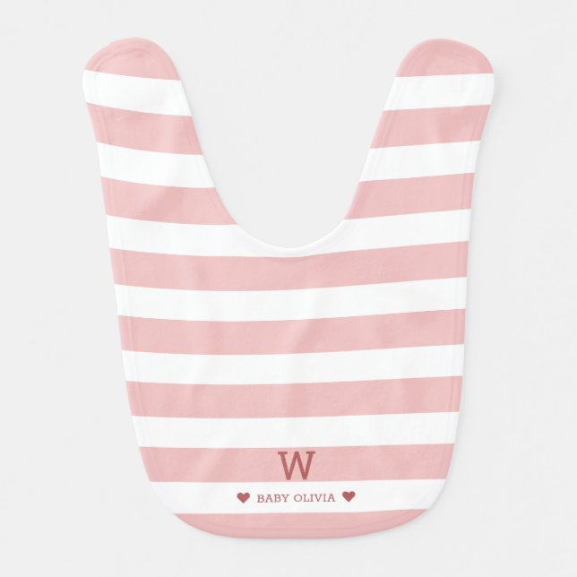 Modern Pink Striped Baby Name Monogram Baby Bib (Front)