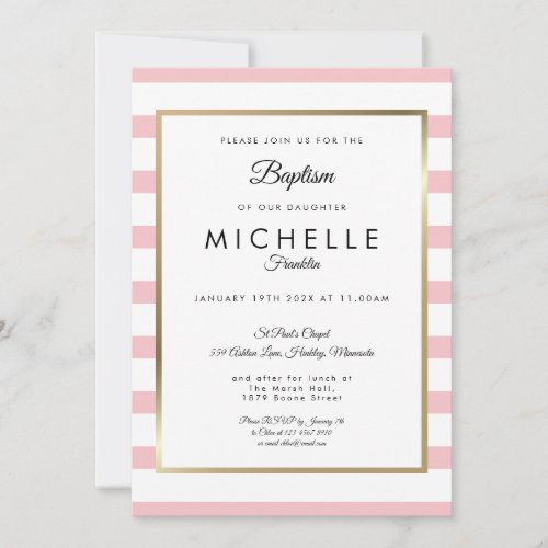 Modern Pink Striped Baptism Christening Invitation