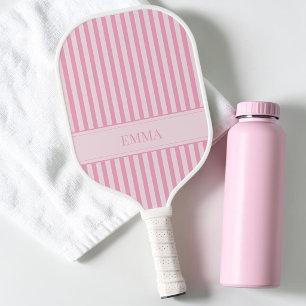 Modern Pink Striped Cute Preppy Personalized Name Pickleball Paddle