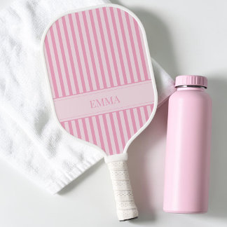 Modern Pink Striped Cute Preppy Personalized Name Pickleball Paddle