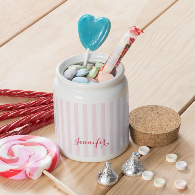 Modern Pink Striped Elegant Typography Monogrammed Candy Jar (In Situ)