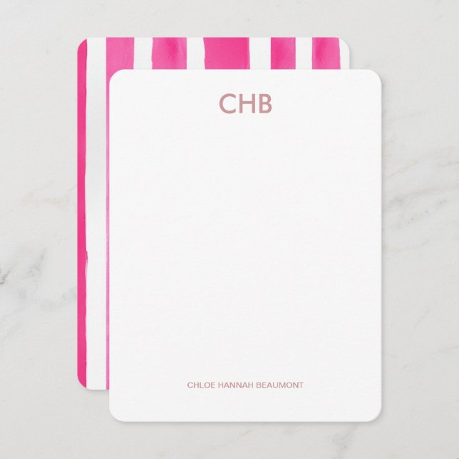 Modern Pink Striped Monogrammed Initial & Name Note Card (Front/Back)