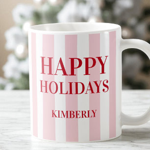 Modern Pink Striped Personalized Happy Holidays Coffee Mug