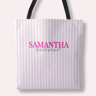 Modern Pink Striped Script Personalized Bridesmaid Tote Bag