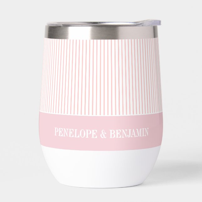 Modern Pink Striped Wedding Thermal Wine Tumbler (Left)