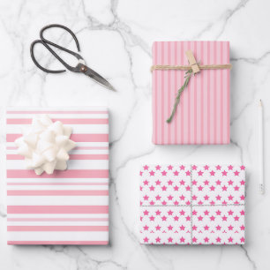 Modern Pink Stripes And Stars Christmas Wrapping Paper Sheets