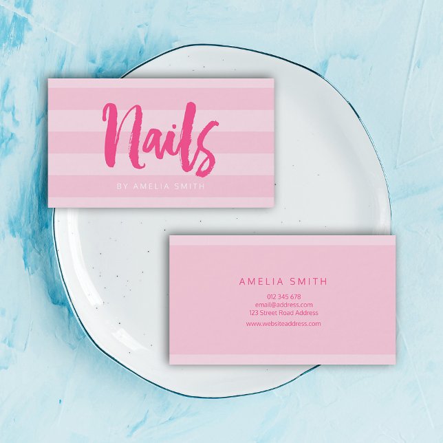 Modern Pink Stripes Brush Script Nails Business Card (Creator Uploaded)
