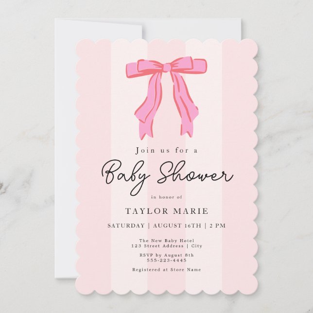 Modern Pink Stripes Coquette Bow Baby Shower Invitation (Front)
